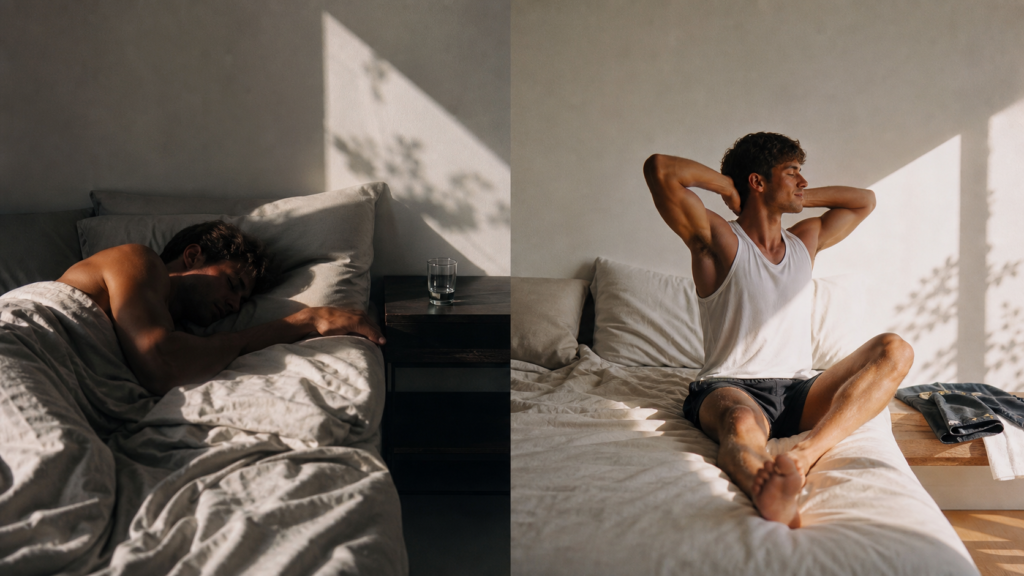 Split scene of a man sleeping restlessly and waking refreshed