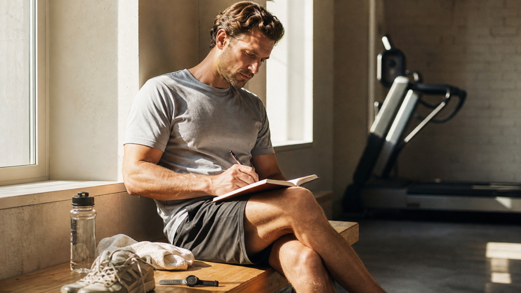 Athletic man recording training observations in a notebook