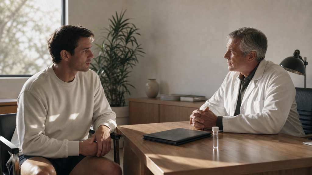 Man discussing persistent symptoms with a healthcare professional